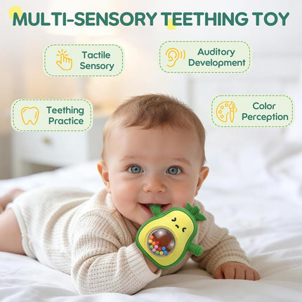 Avocado Baby Teething Toy with Rattle, BPA-Free Silicone Teething Mitten for Babies 3-6 6-12 Months, Anti-Drop Wrist Glove Teether for Teething Relief, Perfect Baby Gifts & Baby Toys