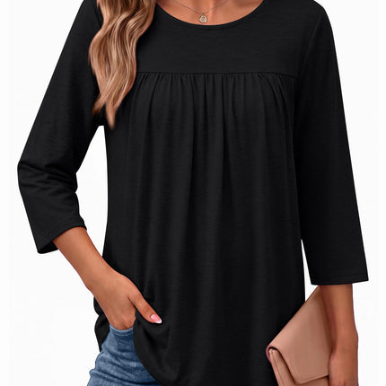 Womens 3/4 Length Sleeve Tops Boho Blouses Casual Pleated Shirts