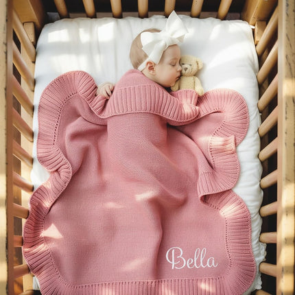Nonnie Personalized Baby Blanket with Name - Custom Embroidered Knitted Ruffled Blanket for Newborn, 30x40 inch, Customized Gift for Newborn Boys Girls on Birthday, Baby Shower, Christmas