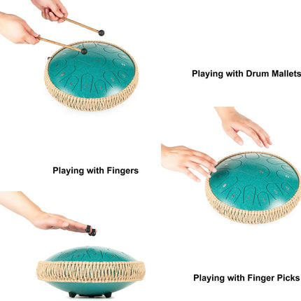 HOPWELL Steel Tongue Drum - 13 Inches 15 Notes Tongue Drum - Hand Pan Drum with Music Book, Handpan Drums Mallets and Carry Bag, D Major (Malachite Green)