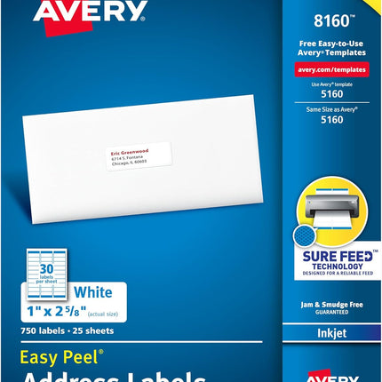 Avery Easy Peel Printable Address Labels with Sure Feed, 1" x 2-5/8" Customizable Stickers, White, 750 Blank Mailing Labels, Great for Mailing, Shipping, and More (8160)