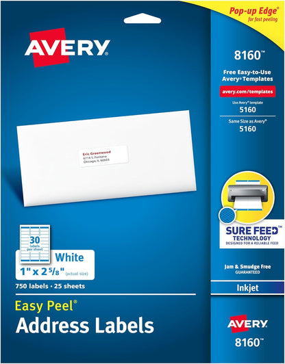 Printable Address Labels, 1" x 2-5/8" Customizable Stickers, White, 750 Blank Mailing Labels, Great for Mailing