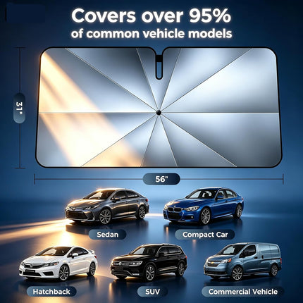 Upgraded Windshield Sun Shade Umbrella – Thickened Silver Titanium Coating, UV Protection for Car Front Window, Block Sun Rays & Keep Interior Cool, Reinforced Spring Edge, Universal Fit, 56"L x 31"W