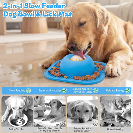 PetsHome Slow Feeder Dog Bowls & Lick Mat for Liquid and Thick Treat, Anti-Slip Dog Lick Bowl with Interactive Rolling Ball, 5/6 Cup Pup Licking Toy for Large Medium Small Dogs and Cats Blue