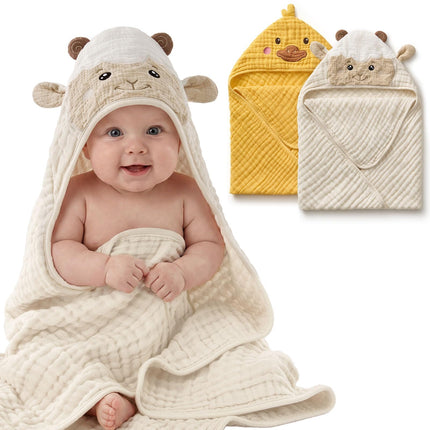 Muslin Baby Hooded Towel 2 Pack, Soft & Absorbent Bath Towel for Infant, Toddler, Unisex, Baby Gift, Newborn Essentials, Bear & Lamb