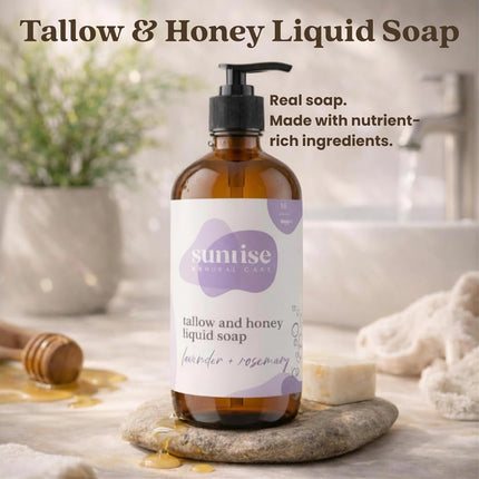 Tallow & Honey Liquid Soap – Lavender + Rosemary – Natural Face, Body & Hand Wash – Grass-Fed Beef Tallow Cleanser – Gentle Moisturizing Soap – 16 oz
