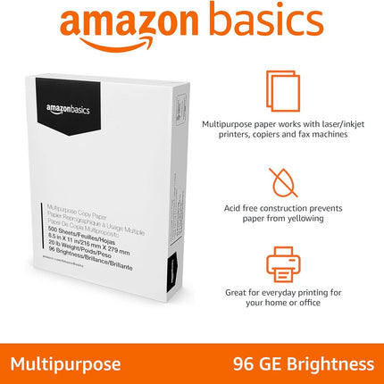 Amazon Basics Multipurpose Copy Printer Paper, 8.5 x 11 Inches, 20 lb Weight, 96 Bright White, 500 Sheets (1 Ream)
