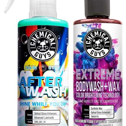 Chemical Guys CWS20716A Car Wash, Dry & Shine Bundle - Extreme Bodywash & Wax Foaming Car Wash Soap, 16 oz + After Wash Gloss Boosting Drying Aid (16 oz) (2 Items) Works on Cars, Trucks, SUVs