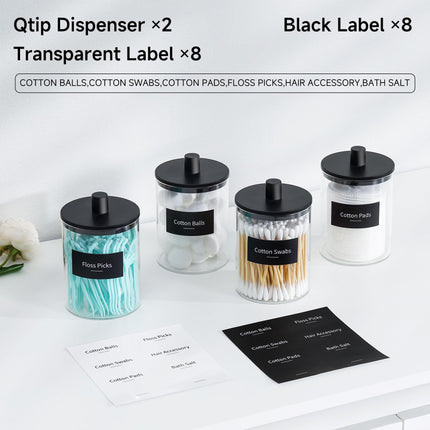 Dispensador de vidrio para hisopos de 10 oz, frasco transparente tipo botica, organizador para tocador de baño para hisopos, almohadillas, palillos de hilo dental y maquillaje (2 piezas, negro)