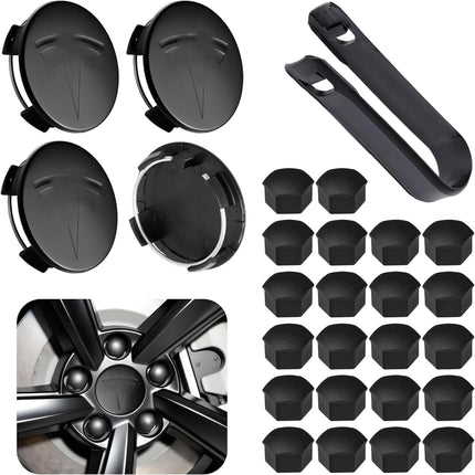 4 Pack Car Wheel Center Hub Cap Kit with 22 Lug Nut Covers, 2.2 in (56mm) Wheel Rim Covers Center Hubcaps with Emblem for Model 3 / Y, Matt Black Gray & Silver Exterior Decoration for Tesla