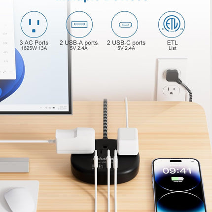 Short Extension Cord Black - Extension Cord 5 Feet, 1625W Power Strip 3 Prong with 3 AC Outlet 4 USB (24W/4.8A), Bedside Charging Station for Home, Office and Dorm