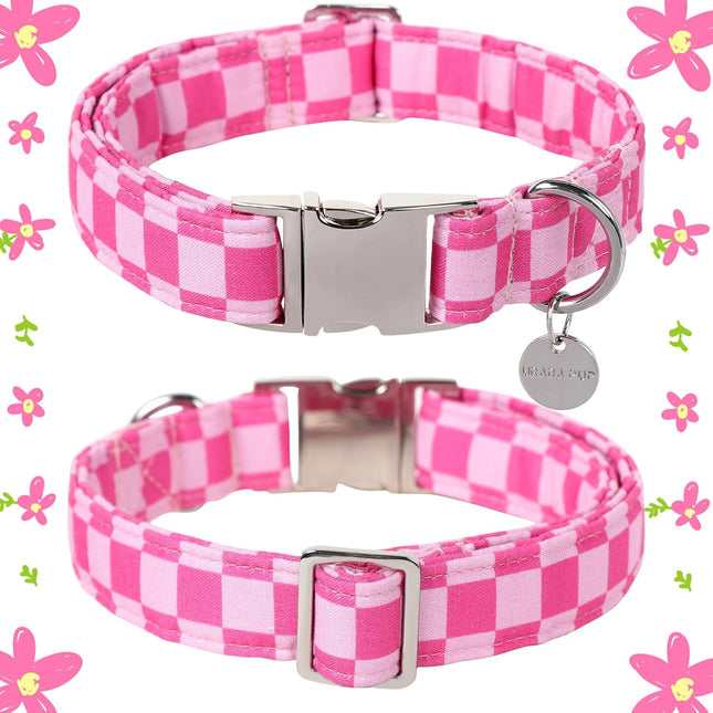 Cute Pink Plaid Cotton Dog Collar with Adjustable Metal Buckle