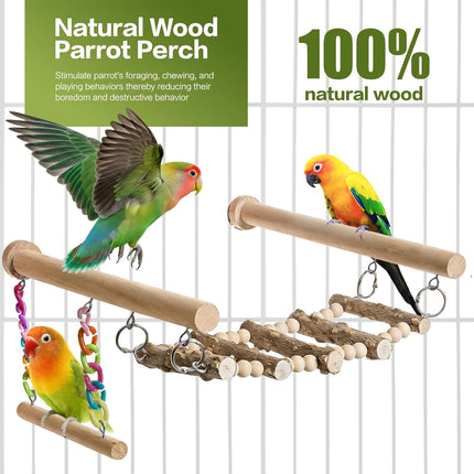 Bird Perches Ladder with Swing, Natural Wood Parrot Climbing Bridge Perch Toys,Wood Climbing Ladder for Parakeet, Exercise Play Stand Parakeet Cage Accessories for Budgie Conure Lovebird Canary,B