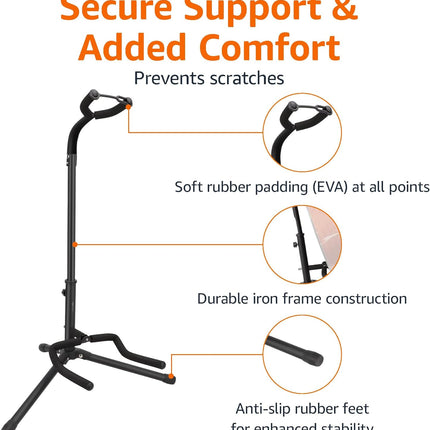 Amazon Basics Height Adjustable Portable Foldable Guitar Stand with Padded Non-Slip Secure Support for Acoustic, Electric, Bass and Banjos, Black