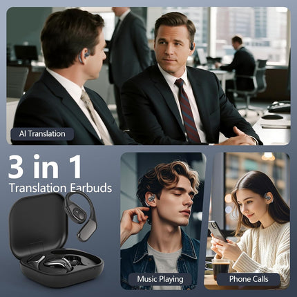 AI Translation Earbuds Real Time, 3-in-1 Translator Earbuds 164 Languages & Accents, Audifonos Traductores Inglés Español,Open Ear Wireless Headphones with Charging Case fit iOS & Android Black