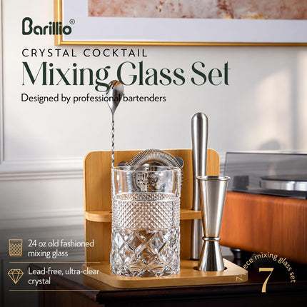 24 Oz Crystal Cocktail Mixing Glass with Bamboo Stand & Bar Tools | Seamless Lead-Free Crystal, Weighted Base Stirring Pitcher | Including Muddler, Mixing Spoon, Jigger and Strainer