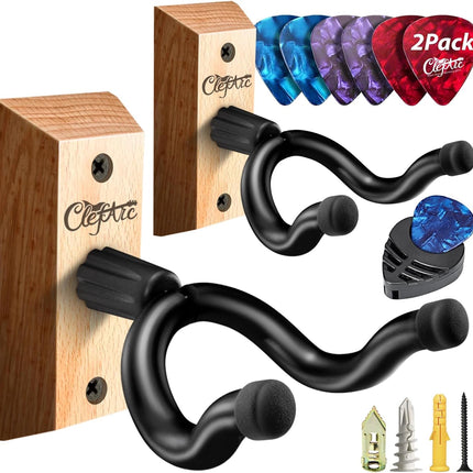 Guitar Wall Mount Beech Wood - 2 Pack U-Shape Guitar Wall Hangers, Guitar Picks, Pick Holder, Guitar Stand Wall, Guitar Hanger, Gifts for Guitarists, with 6 Assorted Guitar Picks