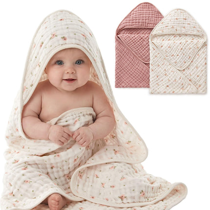 Muslin Baby Hooded Towel 2 Pack, Soft & Absorbent Bath Towel for Infant, Toddler, Unisex, Baby Gift, Newborn Essentials, Bear & Lamb