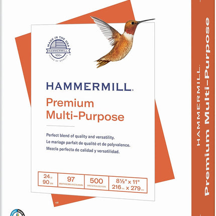 Hammermill Printer Paper, Premium Multipurpose Paper 24 lb, 8.5 x 11-97 Bright, Made in the USA, 105810R - 1 Ream (500 Sheets)