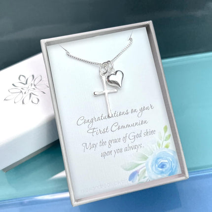 Alexandreasjewels Sterling Silver Cross Necklace for Girls, Sterling Silver Cross with Puffed Heart Charm, First Communion Gift Necklace for Daughter, Goddaughter Gift Necklace