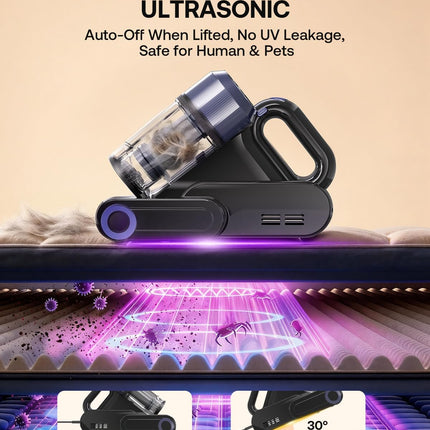 Trucozie Mattress Vacuum Cleaner, 16Kpa Bed Vacuum with Smart Dust Sensor, Anion & Aromatherapy, 275nm UV Light, 149℉ Heat & Ultrasonic & Tapping, Corded for Bed Sofa Couch Pet Hair, Black