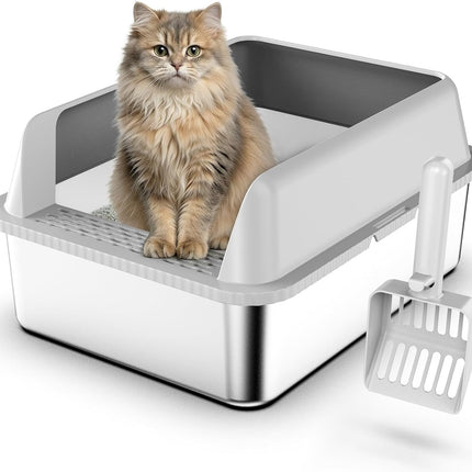 Suzzipaws Stainless Steel Litter Box with Lid, 17.3”×13.4”×9" Kitty Litter Box for Kittens & Small Pets, High Sides Metal Cat Litter Box for Leak Proof, Easy to Clean, Non-Stick, Odor Control