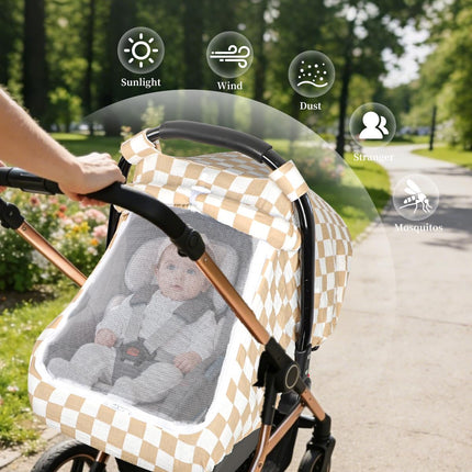 DILIMI Car Seat Covers for Babies, Muslin Cotton Baby Car Seat Cover with Breathable Mesh Window, Summer Infant Car Seat Canopy for Boys Girls Newborn, Brown Plaid