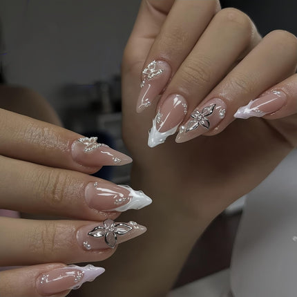 24Pcs Silver Rhinestones Press on Nails Medium Almond Fake Nails Butterfly Gems White French Tip Acrylic Nails Press Ons Flower Butterfly Nail Charms Floral Stick On Nails Artificial Nails for Women