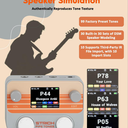 STRICH Pipe Tones Pocket Multi-Effects Processor for Guitar and Bass with 10 Effect Modules 125 Effects 40s Looper 100 Drum Patterns USB Audio Interface Wireless Control (Gray)