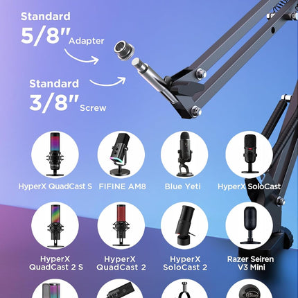 InnoGear Boom Arm Microphone Mic Stand for Blue Yeti HyperX QuadCast SoloCast Snowball Fifine Shure SM7B and Other Mic, Extended Mic Arm (Black)