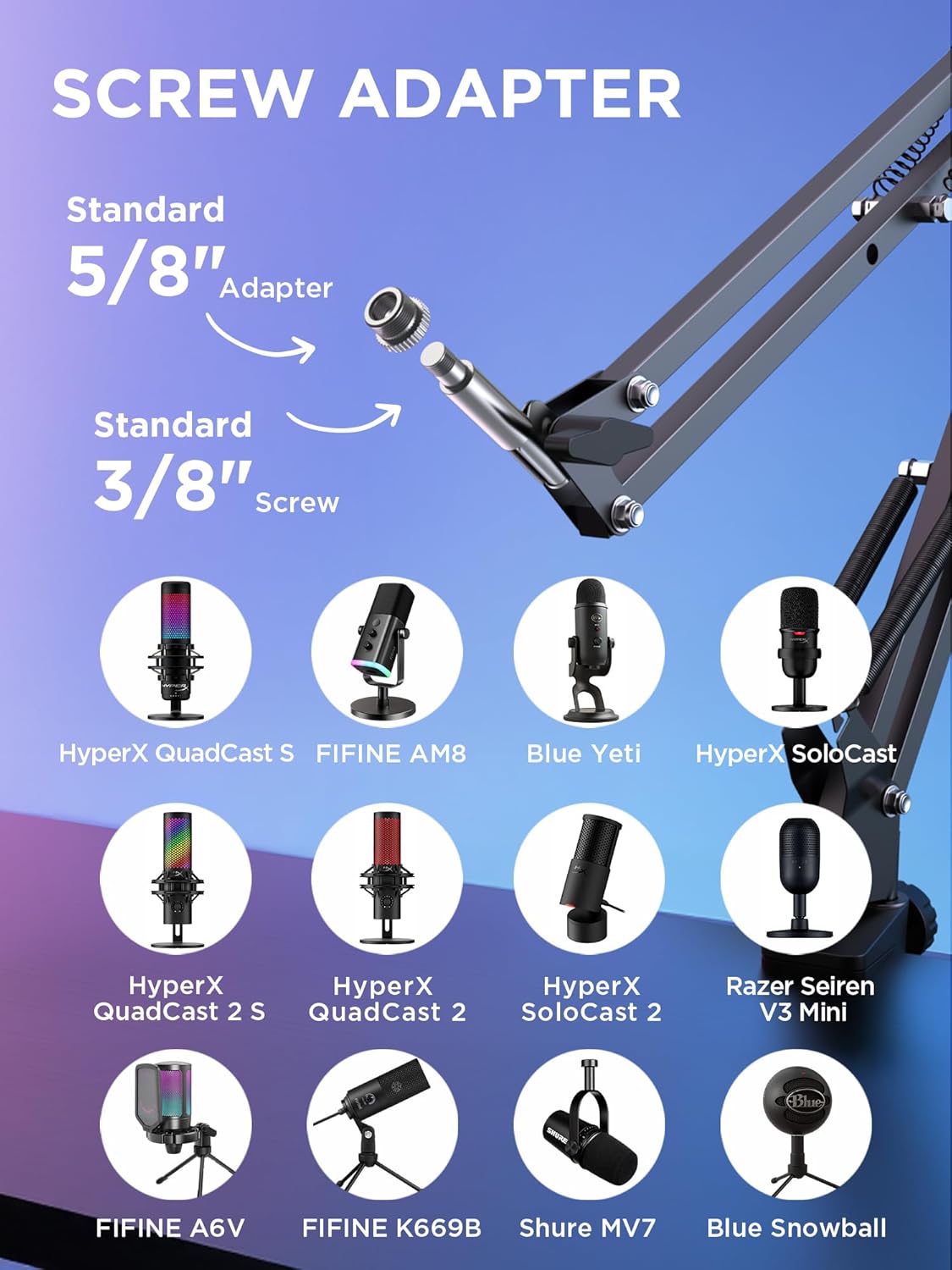 Boom Arm Microphone Mic Stand for Blue Yeti HyperX QuadCast SoloCast Snowball Fifine Shure SM7B and - photo 5