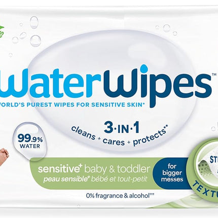 WaterWipes Sensitive+ Baby & Toddler Wipes, 3-In-1 Cleans, Cares, Protects, 99.9% Water, Textured Clean, Unscented & Hypoallergenic, 60 Count (1 Pack)