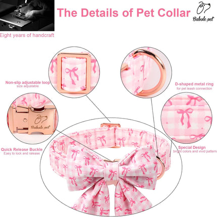 Girl Dog Collar with Lady Bow - Elegent Spring Dog Collrs Girly Pink Bow Sailor Bowtie Collars, Adjustable Metal Buckle Female Dogs Collar for Small Medium Large Dogs S