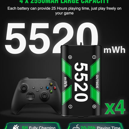 DINOSTRIKE Rechargeable Battery Pack & Charger Station for Xbox Series X|S, Xbox One Controllers - Includes 4 Battery Packs for Xbox with USB-A & USB-C Charging
