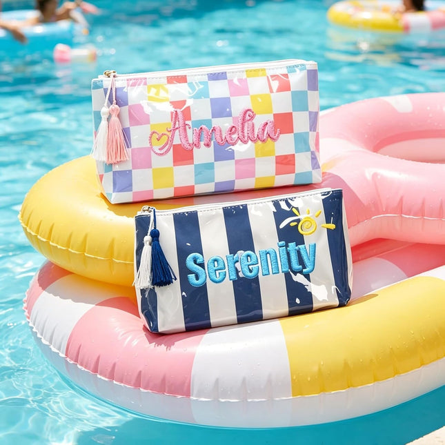 Embroidered Travel Makeup Bag for Women, Custom Waterproof Striped