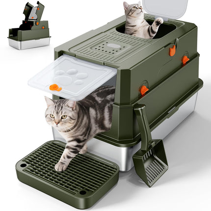 Stainless Steel Litter Box with Lid, Enclosed Metal Cat Litter Box