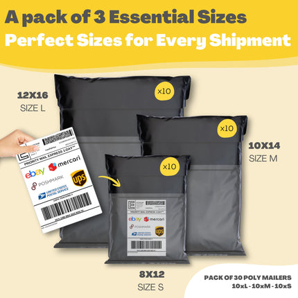 Shipping Bags (30 Pack) with Label Pouch - 8x12, 10x14 & 12x16 - Poly Mailers for Clothes, Self-Seal Plastic Mailing Envelopes - Tear & Water-Resistant Packaging Bags for Clothing, Not Padded