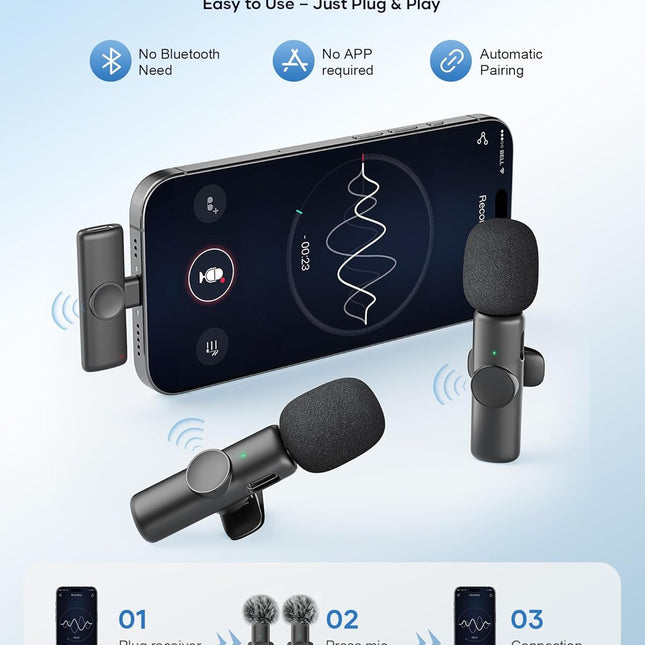Wireless Microphone for iPhone iPad and Android Phone, 2 Pack Wireless Lavalier Lapel Mic with Noise - photo 2