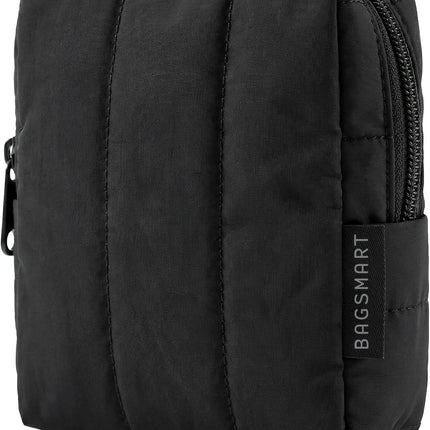 BAGSMART Small Travel Makeup Bag for Purse Toiletry Pouch, Puffy Padded Mini Cosmetics Bag, Cute Make Up Pouch for Women with Slip-in Pocket, Travel Essentials for Toiletries, Black