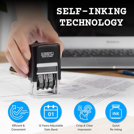 Self-Inking Date Stamp, 12-Year Adjustable Date Stamper with Built-in Black Ink Pad, Perfect for Office, Shipping, Receiving, Invoicing, Expiration & Due Date Marking