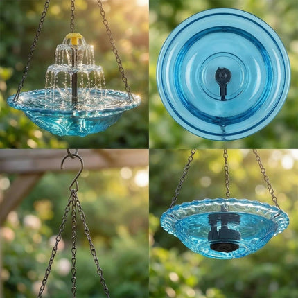 2026 Solar Cascade Hanging Bird Bath Fountain - 3 Layers Outdoor Water Feature for Hummingbirds, Easy-Clean 9.3" Glass Basin with Solar Powered Pump, Attract Wild Birds to Garden, Patio (Blue)