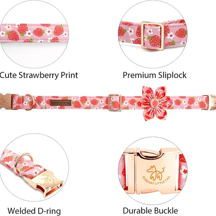 Elegant little tail Dog Collar, Spring Dog Collar with Flower Strawberry Print Cotton Soft Female Pet Collar Flower Dog Collar Adjustable Dog Collar for Small Dogs
