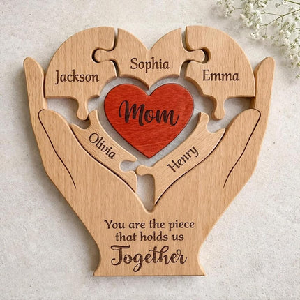 Mom, Mum, Mother You are The Piece that Holds Us Together - Personalized Wooden Family Puzzle, Custom Name Puzzle Sign for Mom Grandma, Mother’s Day Birthday Gift, Family Keepsake Decor
