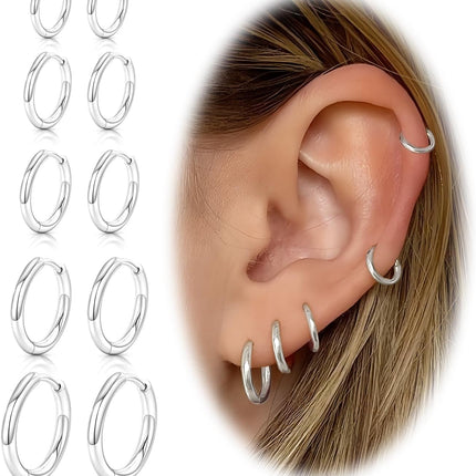 Sterling Silver Hoop Earrings, Hypoallergenic Earrings for Women Men 14k Real Gold Plated Small Huggie Hoop Earrings Stack Set for Multiple Piercing Lightweight Cartilage Helix Conch Hoop