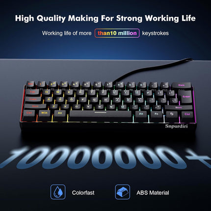Snpurdiri 60% Wired Gaming Keyboard, RGB Backlit Ultra-Compact Mini Keyboard, Waterproof Small Compact 61 Keys for PC/Mac Gamer, Typist, Travel, Easy to Carry on Business Trip(Black)