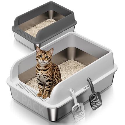 2 Pack Stainless Steel Cat Litter Box, High Sides Litter Pan, XS