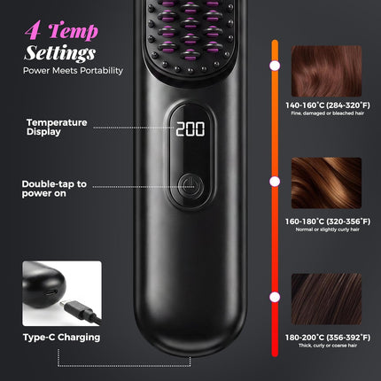 Go Brush Pro 2026, Cordless Hair Straightener Brush, Mini Hair Straightener with 4 Temperature Settings, Portable Hair Straightener Brush with MCH Heating and Ionic & Ceramic Care for Women (Black)