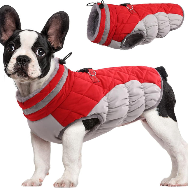 Waterproof Red Dog Winter Coat with Built-In Harness, Medium