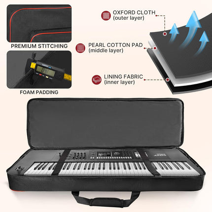 ORKELS 61-Key Keyboard Case, 10mm Padded Electric Piano Gig Bag with Shoulder Straps, Handles & 2 Accessories Pocket