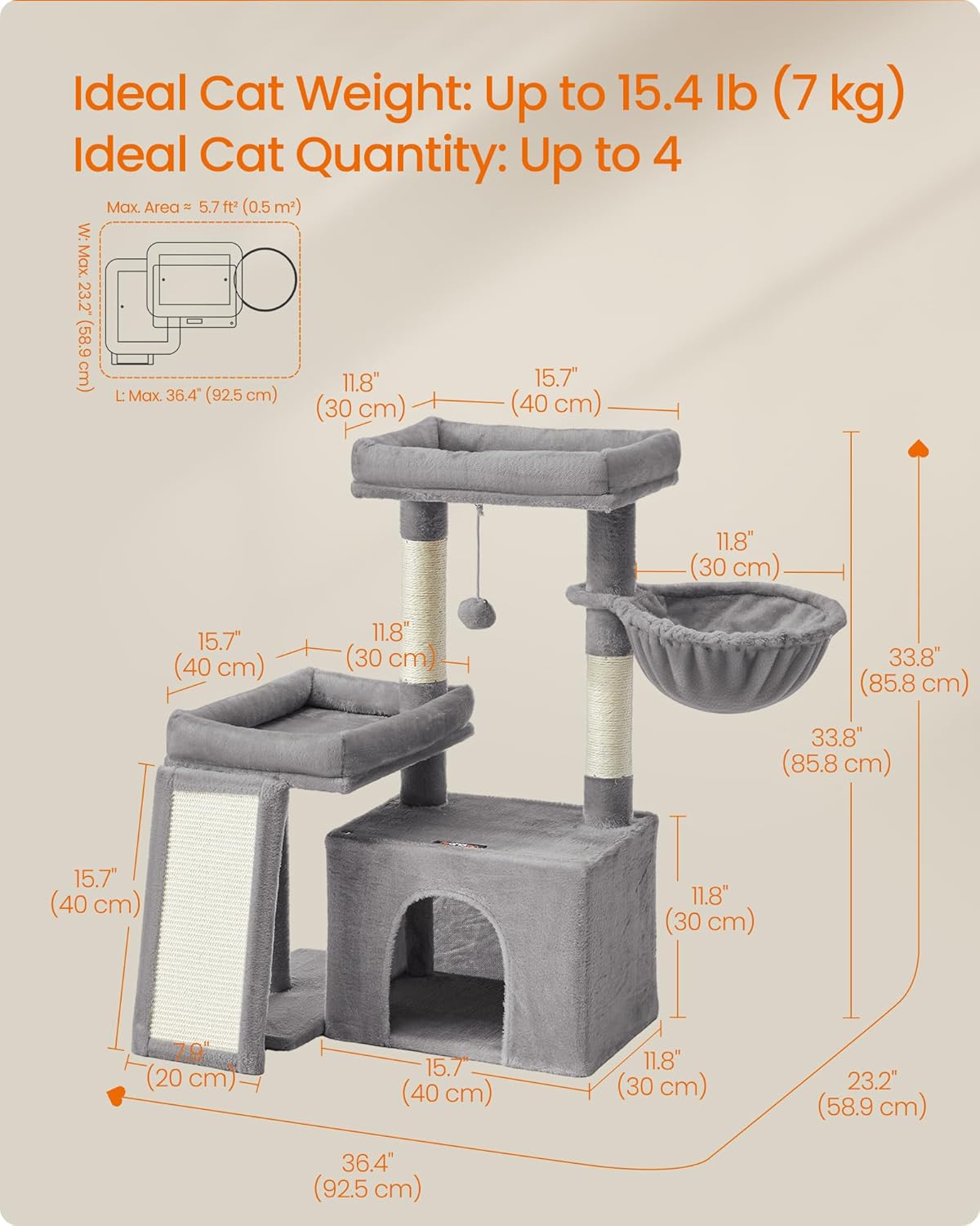 Cat Tree, Cat Tower Condo with Scratching Posts and Ramp, 2 Large Perches, Cave, Basket, 33.8 Inches - photo 5